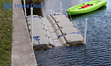 A picture of a floating dock and an inflatable boat