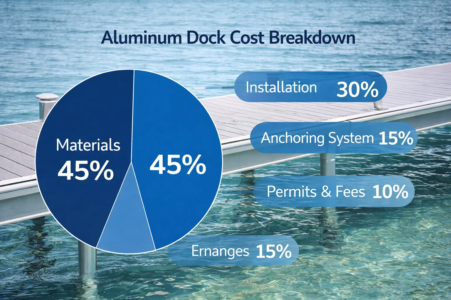 Aluminum Dock Cost Composition Chart: Frame 40%, Decking 30%, Accessories 20%, Logistics 10%
