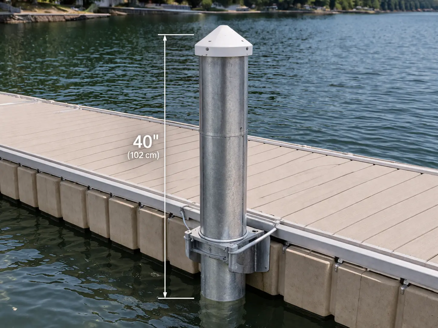 HDPE modular dock securely anchored using Schedule 40 galvanized steel pilings