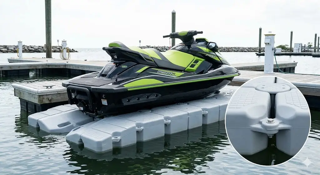 High-end PWC securely parked on a modular floating port system with clear view of the mounting brackets