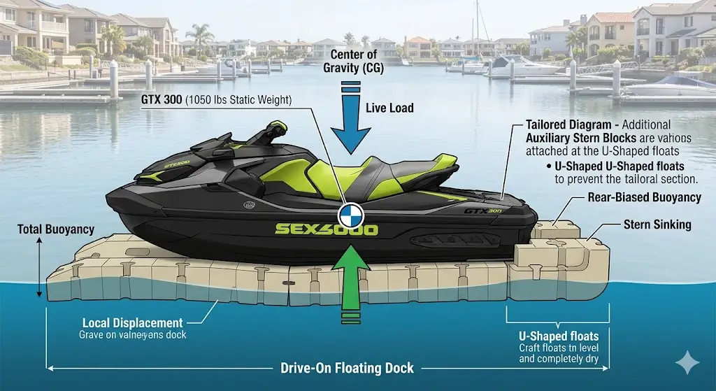 Structural physics diagram: Comparing the center of gravity and displacement needs of a modern heavyweight PWC on a modular floating dock