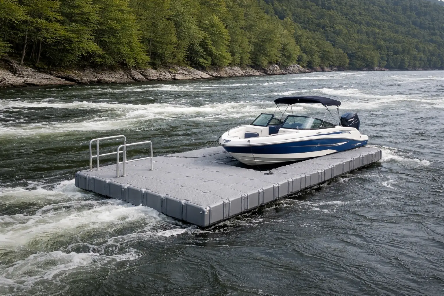 A well-built floating boat dock with a moored vessel resisting heavy wakes