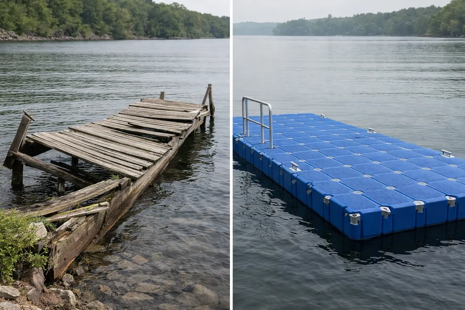 Contrast between a rotting wooden dock scratching a boat and a safe Hiseadock HDPE system