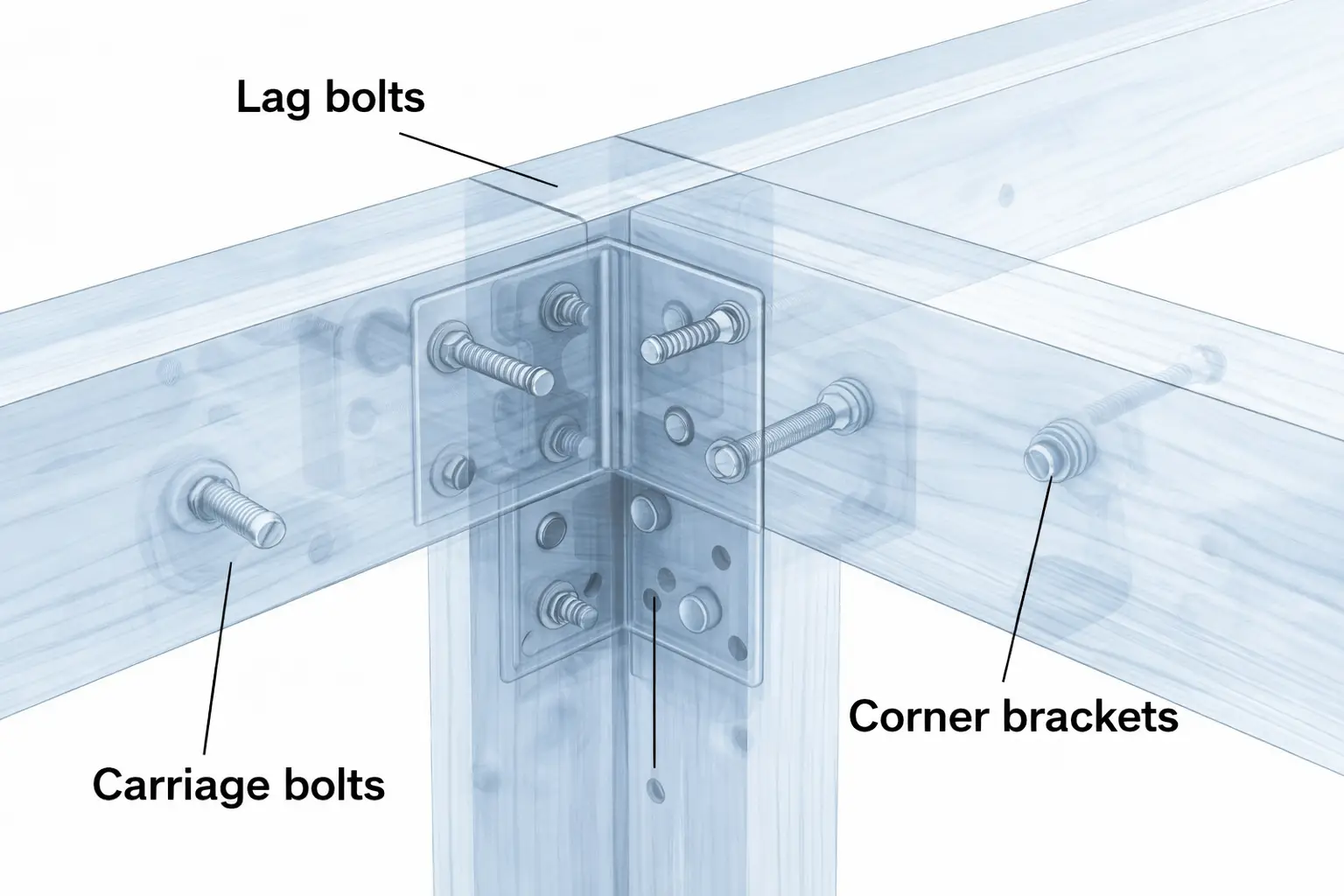 3D X-ray diagram showing mooring cleats bolted through the deck and into heavy-duty solid blocking beneath