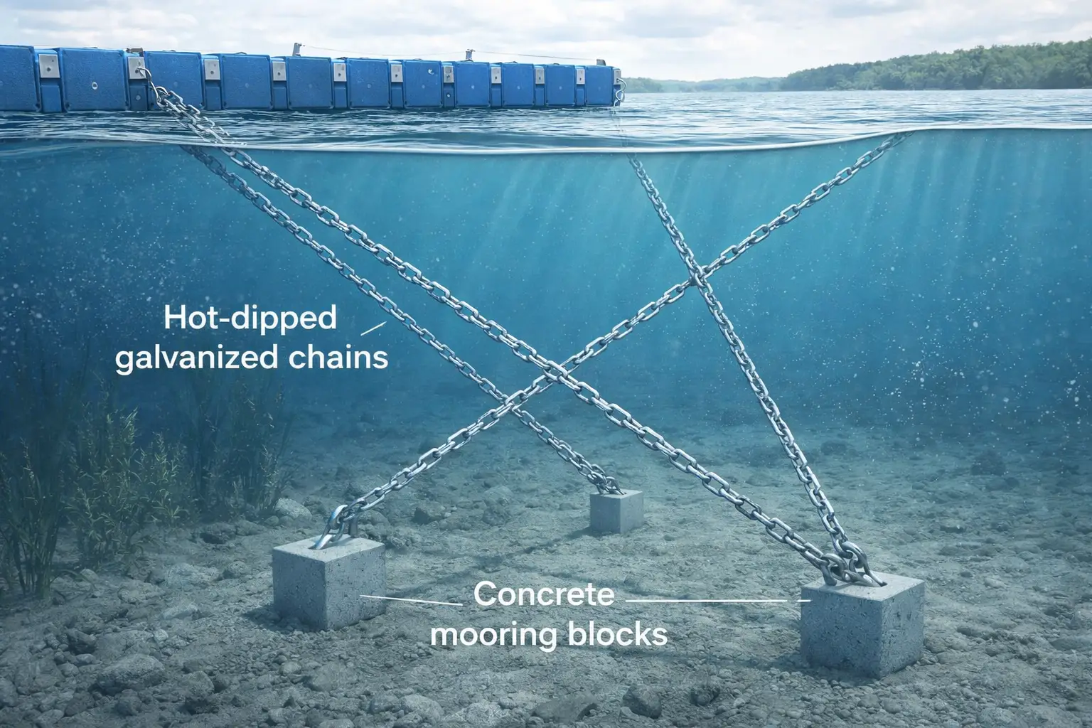 Cross-section of pyramid anchors resisting the lateral pull of a moored boat