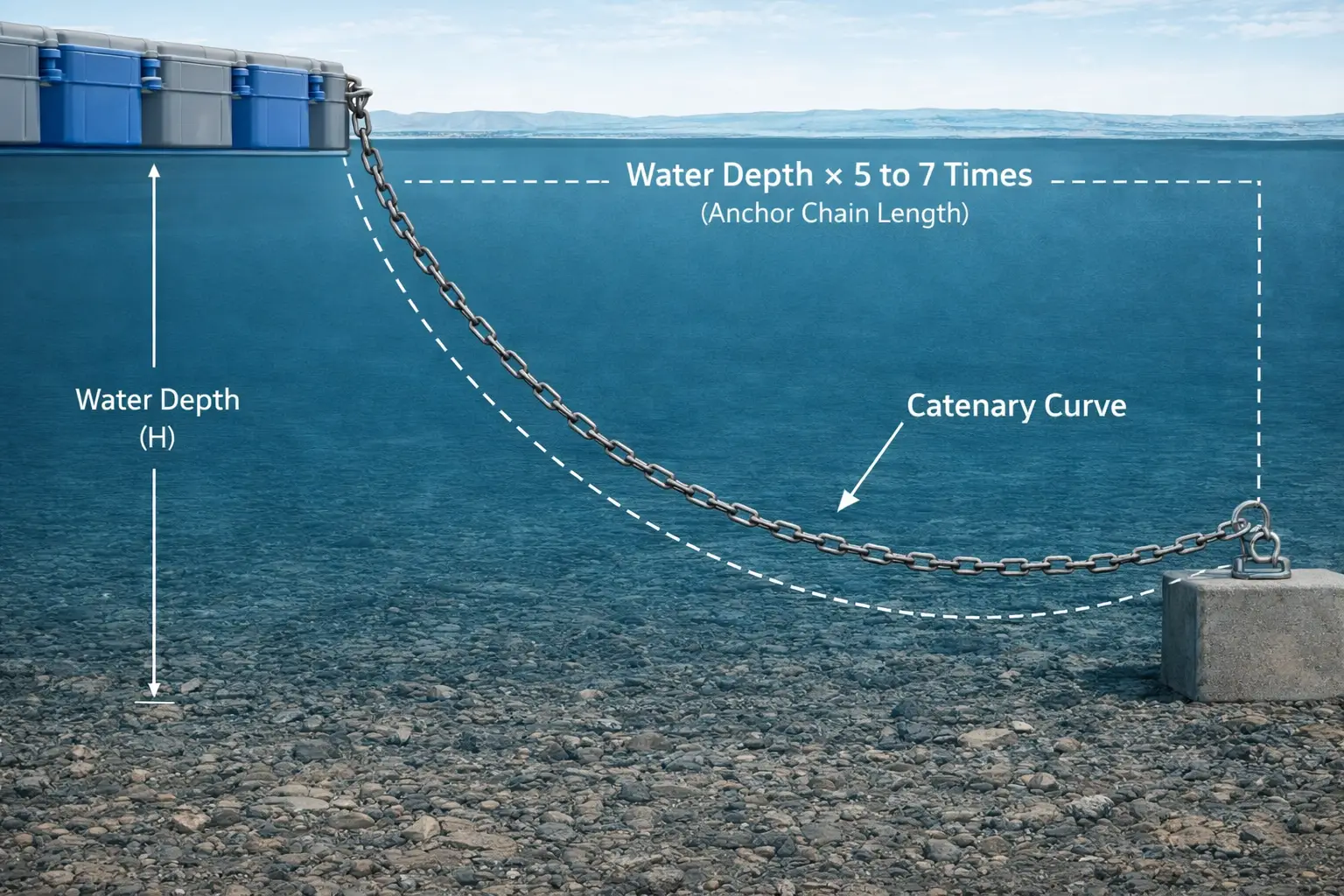 Diagram showing proper anchor chain catenary and 5-to-7 ratio in deep water