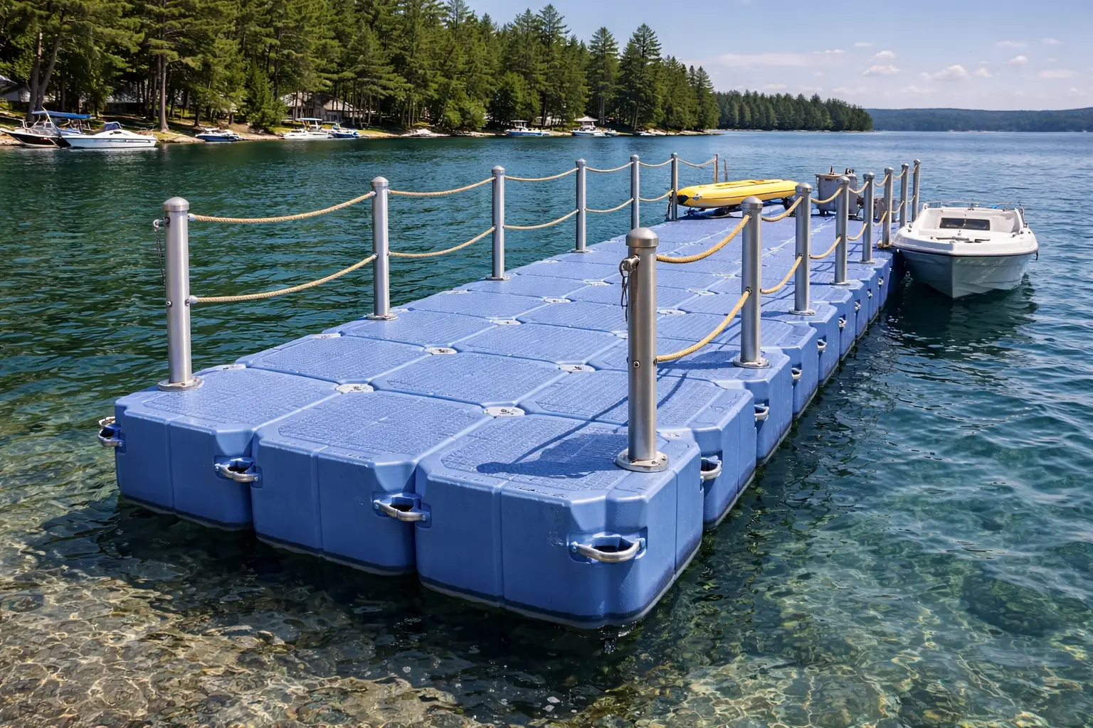 Pie chart showing floating dock cost breakdown: materials, logistics, and permits