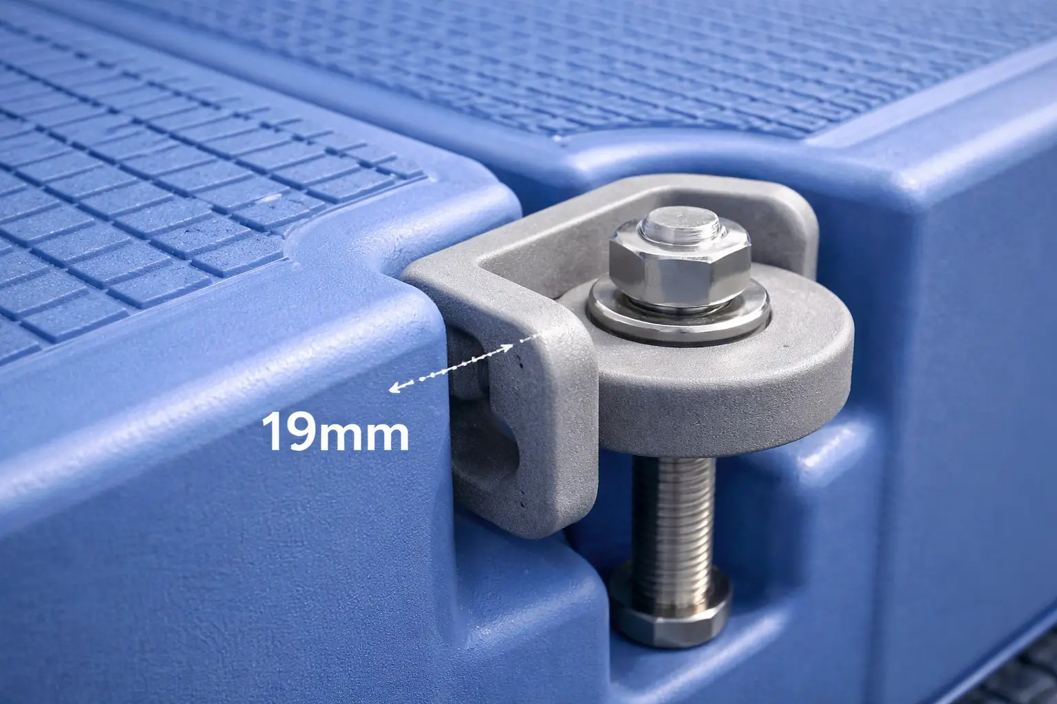 Close-up of 19mm thick connection ears on HDPE dock floats