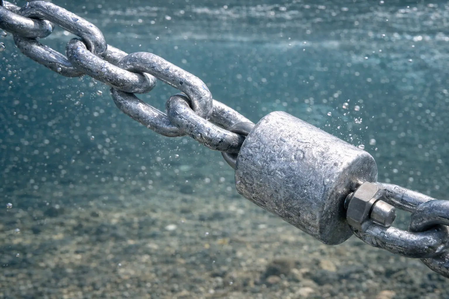 Properly matched galvanized chains and sacrificial zinc anodes for saltwater docks