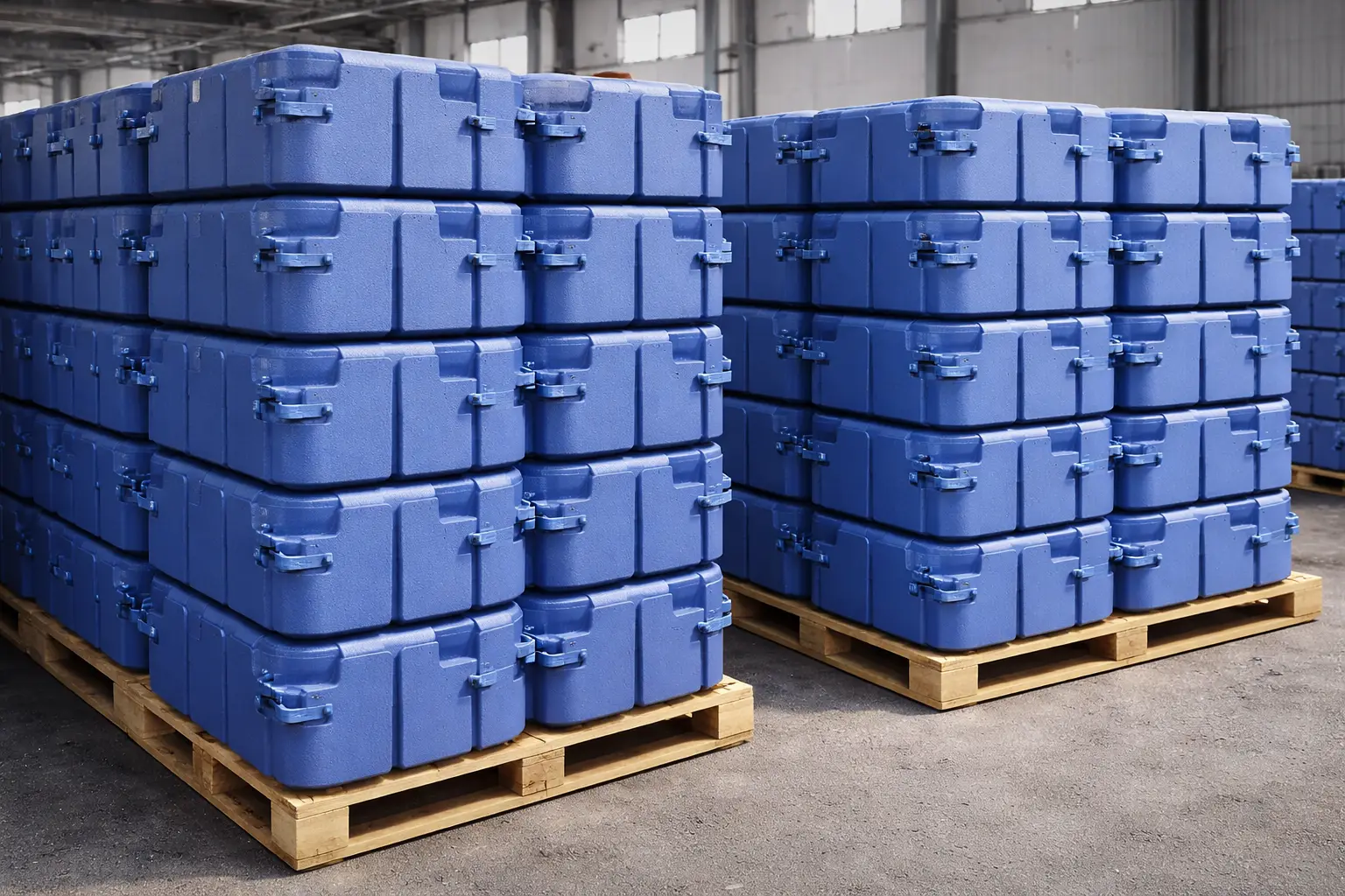 3D optimized pallet stacking of modular HDPE dock floats reducing freight costs