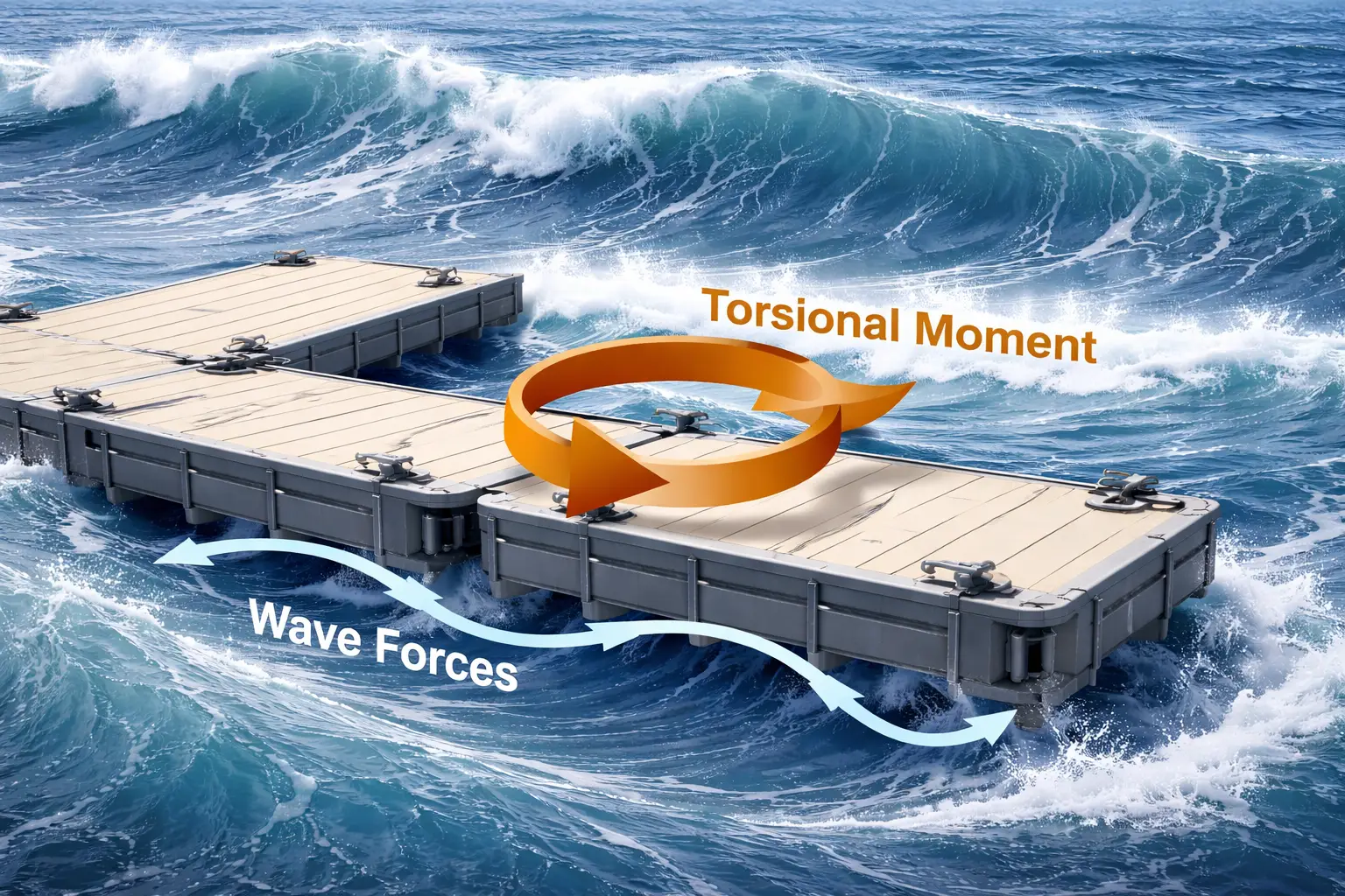 Wave dynamics and torsional torque on floating dock sections