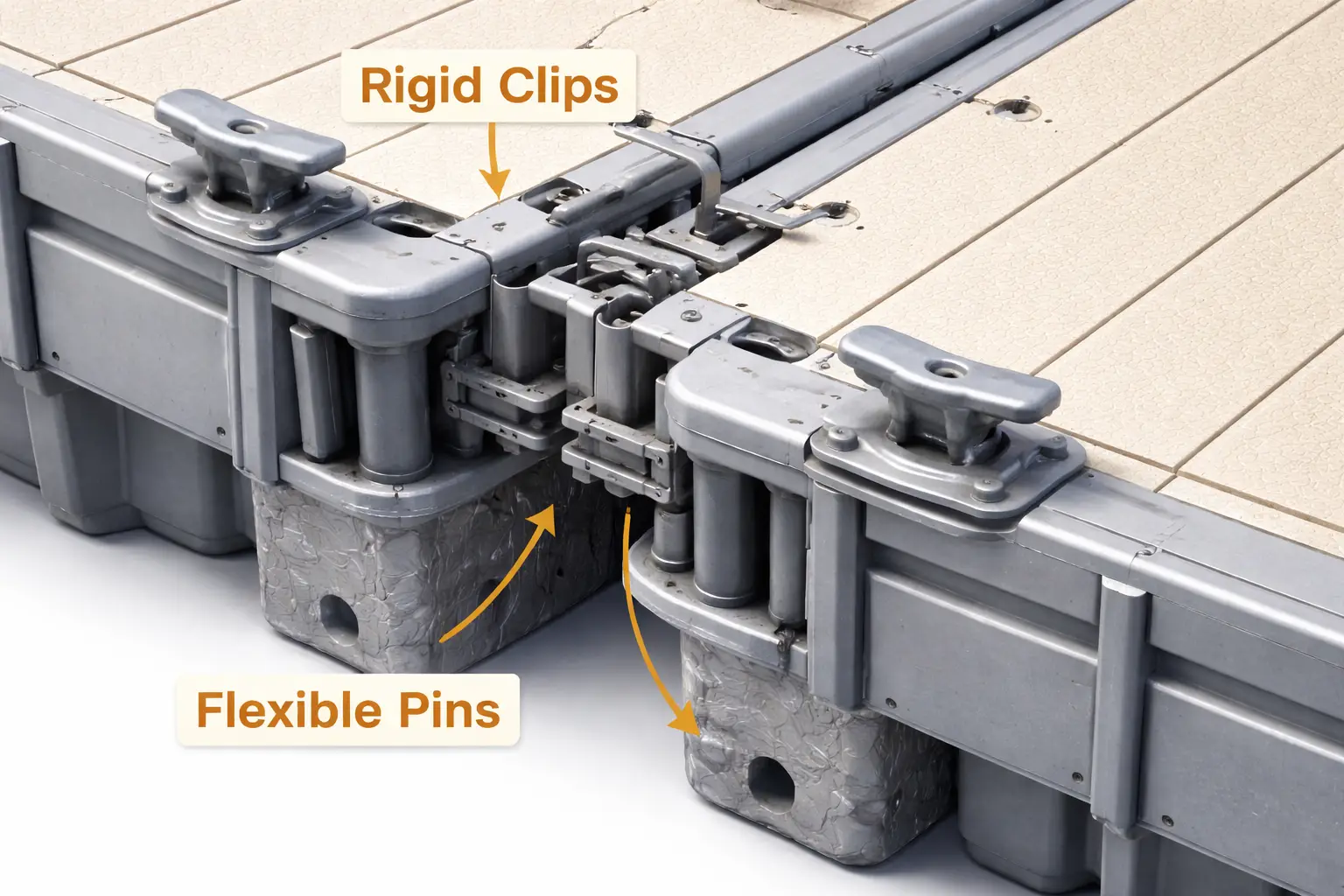 Connecting floating dock sections with rigid tabs and flexible pins