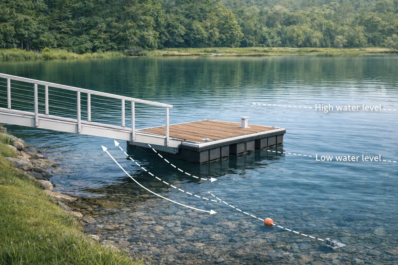 Optimized gangway slope for pond water fluctuations