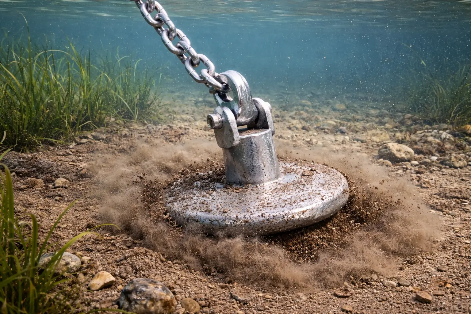 Heavy-duty mushroom anchor embedded in pond muck