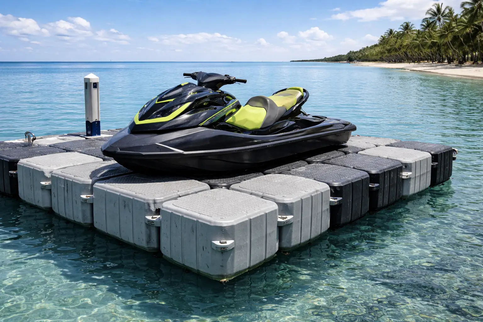 Muelle flotante para motos acuáticas de polietileno de alta densidad que sujeta una moto acuática de 3 plazas de forma segura en el agua, con rodillos de poliuretano de primera calidad.