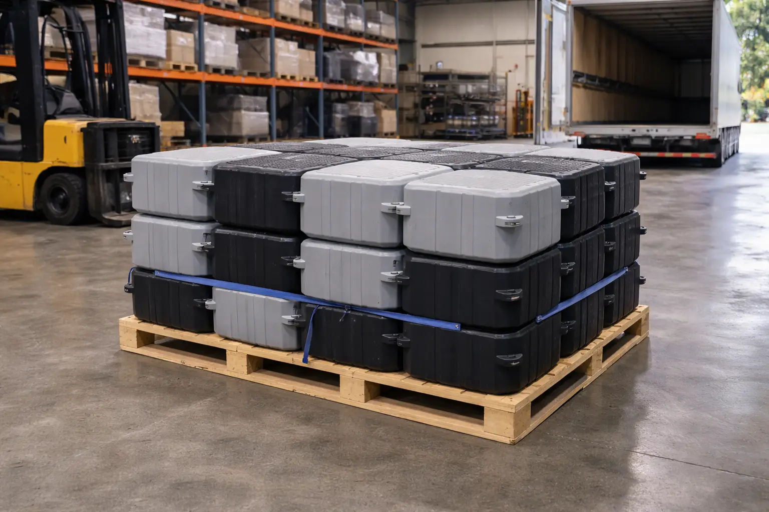Los muelles flotantes modulares se apilan ordenadamente en un palé de envío estándar para una logística eficaz.