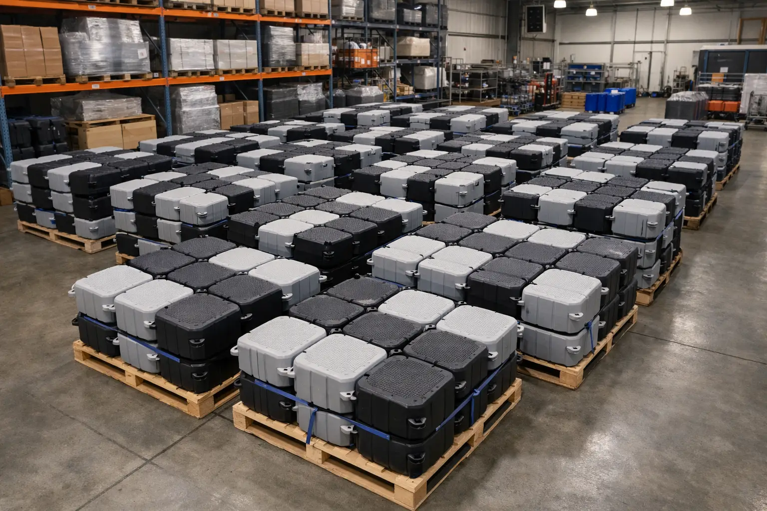 Actual factory photo of 4-in-1 interlocking square packaging pallet maximizing container space