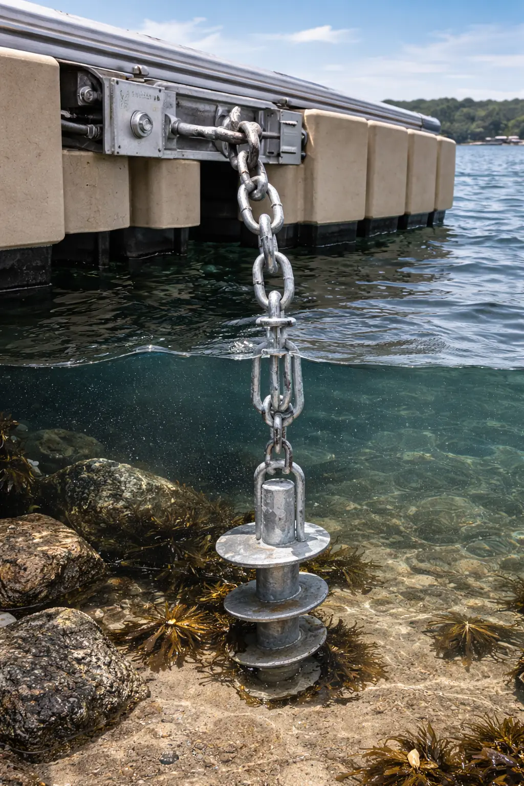 Heavy duty anchoring system for floating dock in tidal water