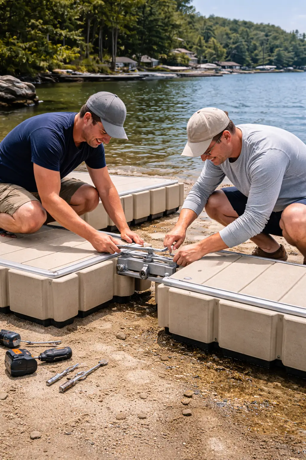 Two people easily assembling a modular floating dock system on shore